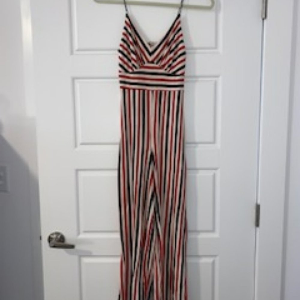 Red, Black, and Cream Striped Jumpsuit